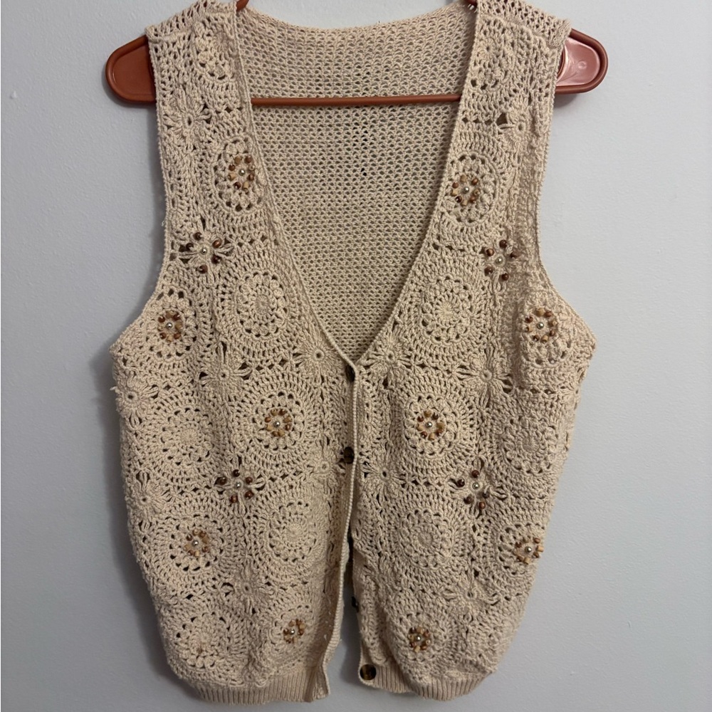 Vintage Crochet Beige Sleeveless Vest